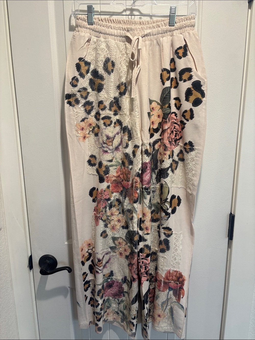 Wide Leg Floral & Leopard Print Pants - Blush